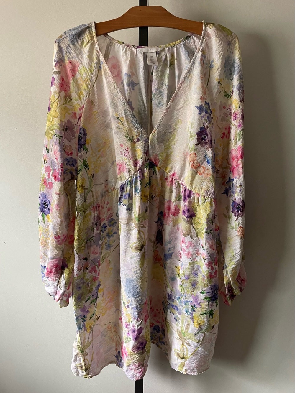 H&M Watercolor Floral V-Neck Empire Waist Dress Boho Cottagecore XL